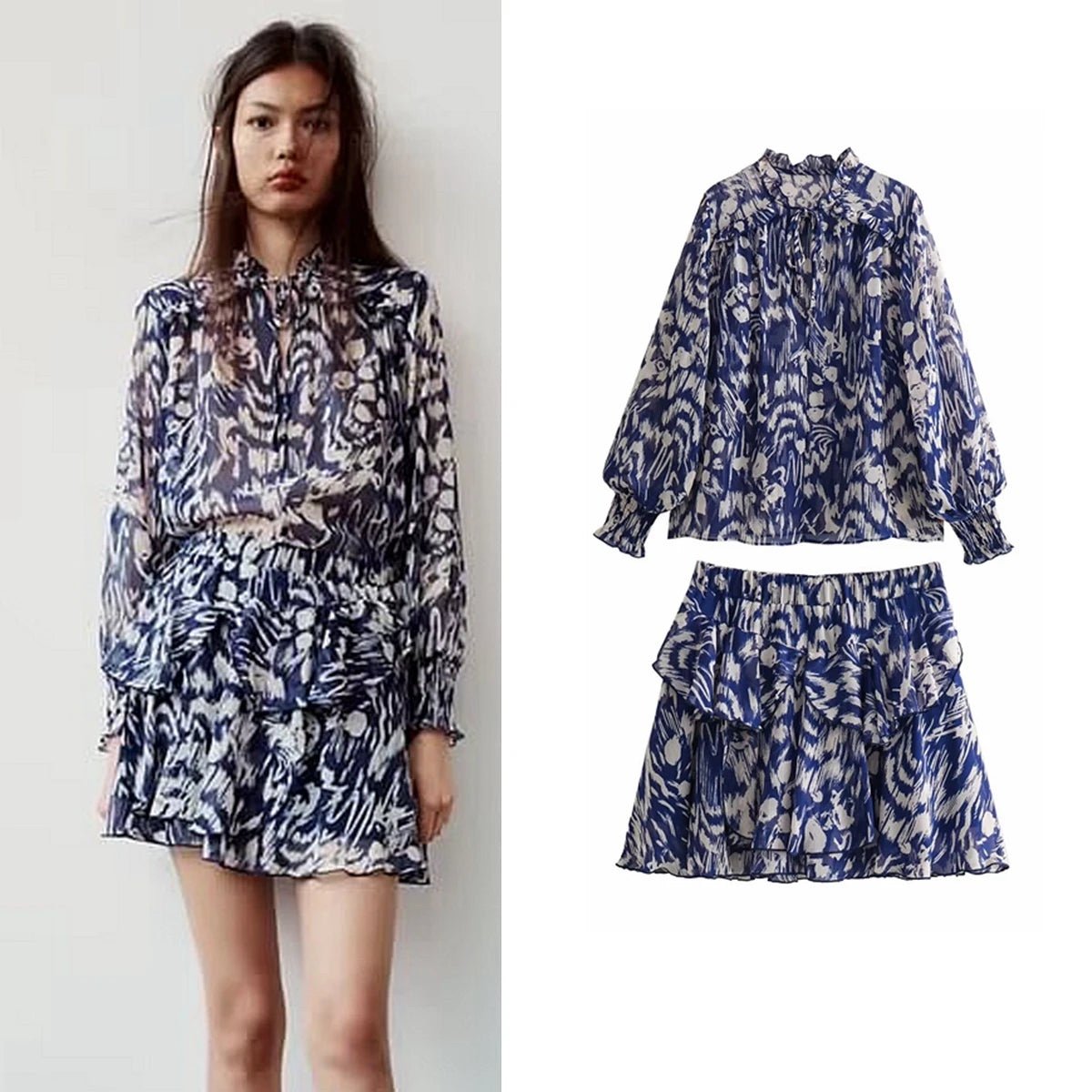Set of Zara blouse and skirt, both in size S, abstract design