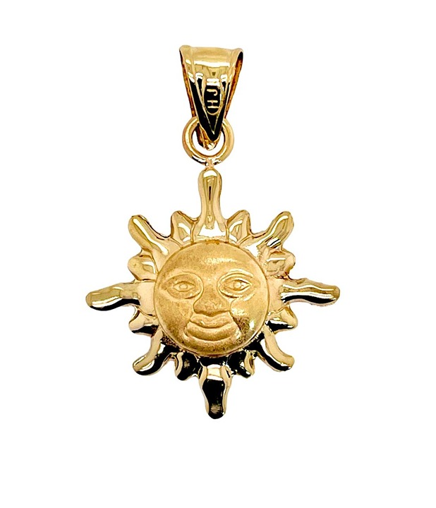 14k Yellow Gold Sun Face Charm Pendant Matte Finished One Side