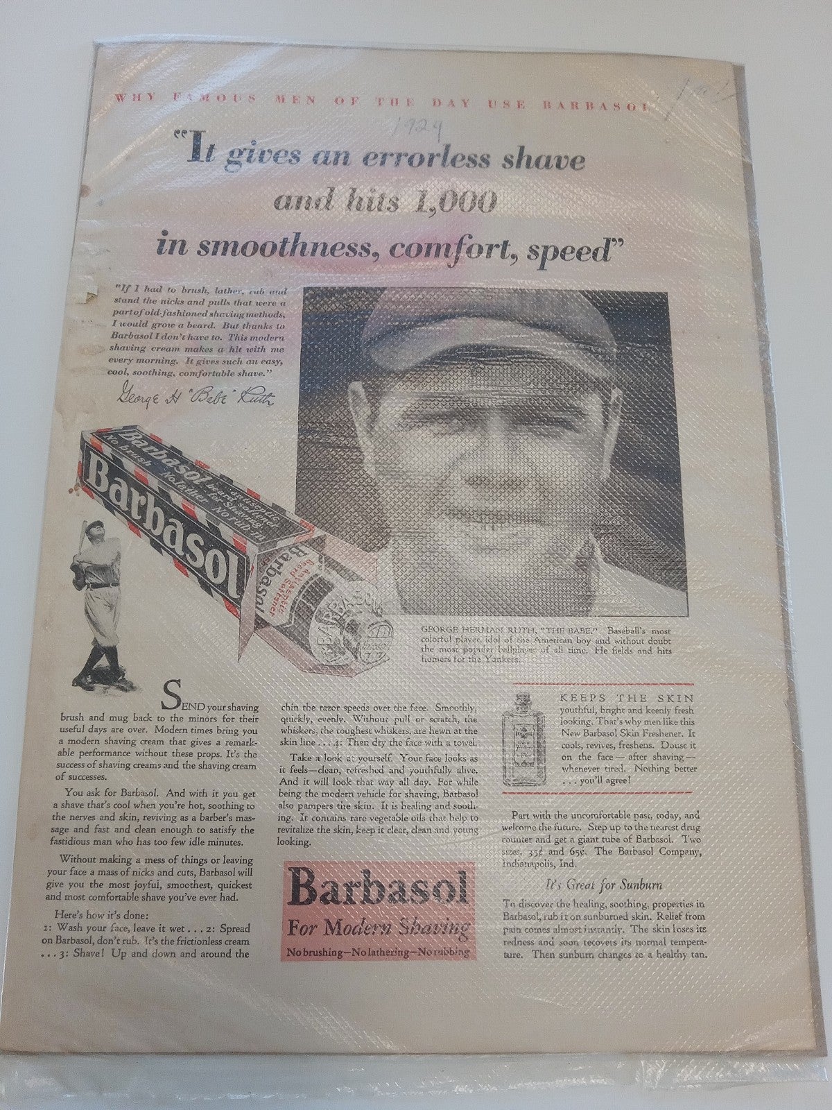 Babe Ruth, Barbasol 1929 Original Advertisement. .