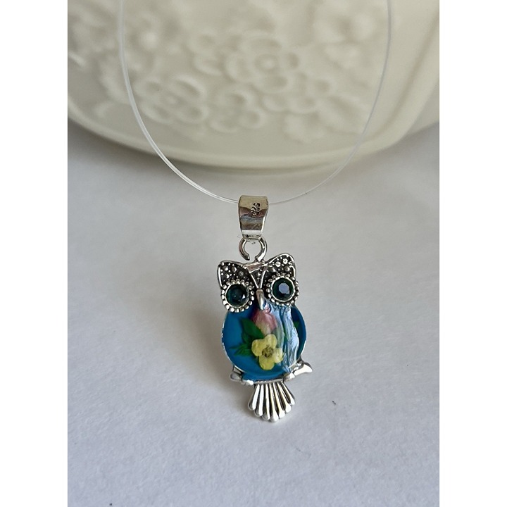 Artisan Owl Pendant 925 Sterling Silver with Real Pressed Flowers