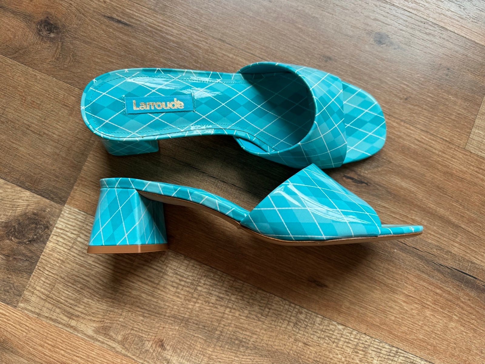 Larroude Brigitte Argyle Print Aqua Blue Block Heel Mule Sandal