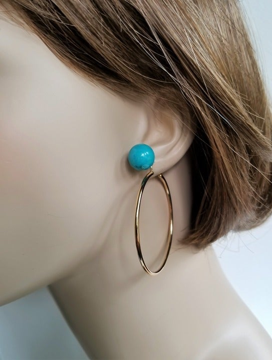 14K Gold Earrings - Turquoise Studs with Hoop Jackets Enhancers