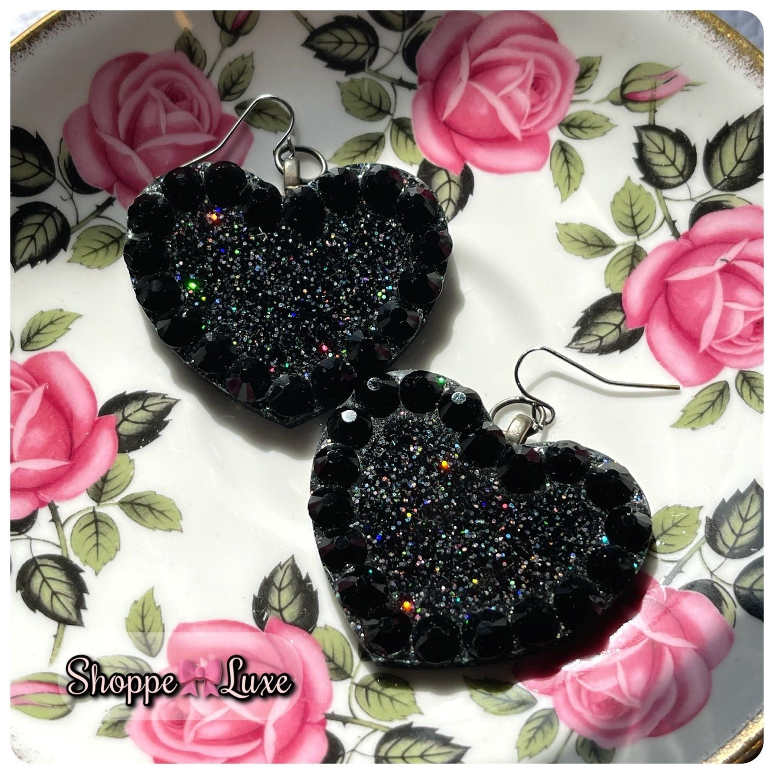 GOTHIC GLAM BLACK GLITTER ACRYLIC JET STUDDED HEART EARRINGS Y2K