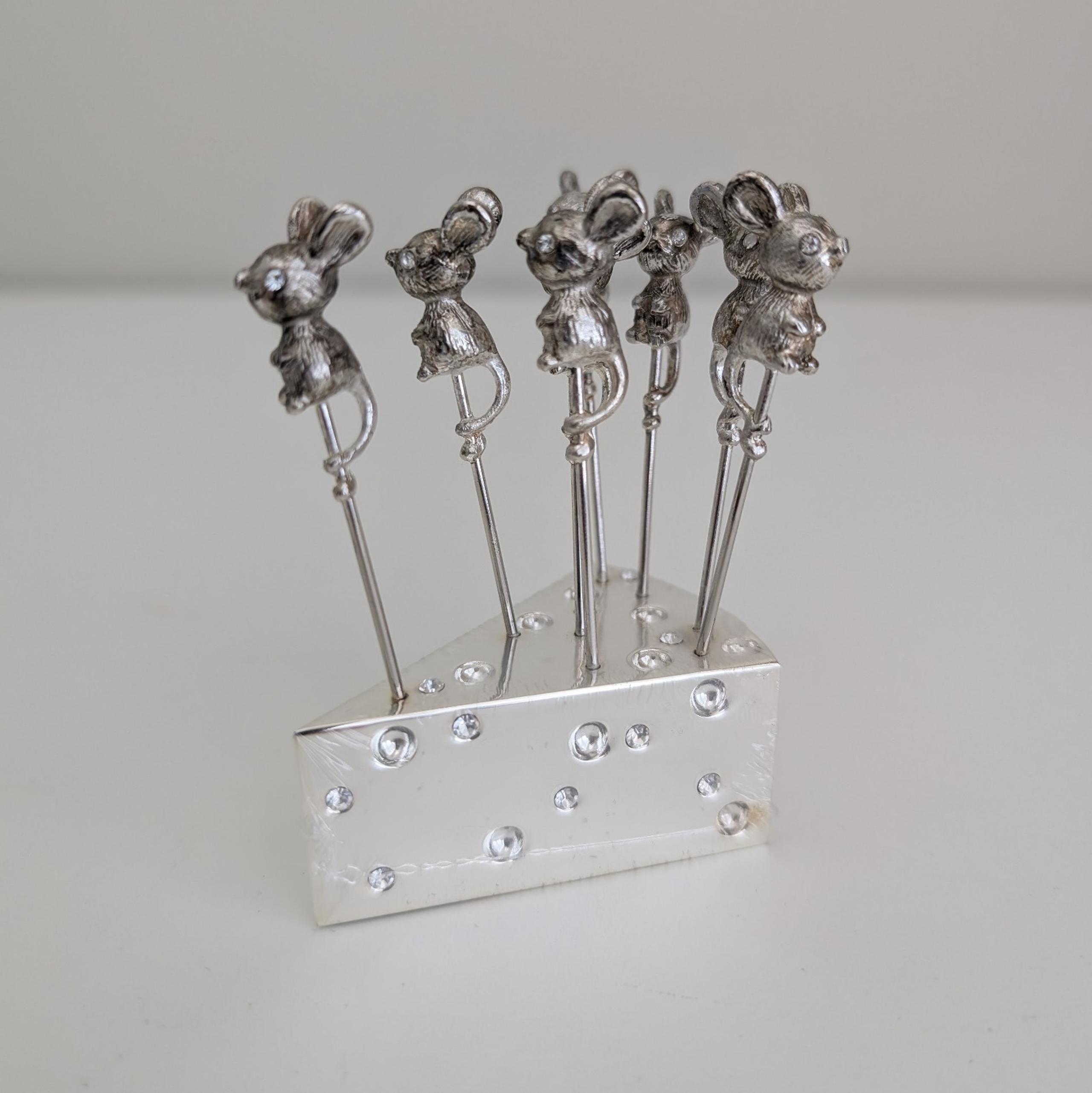 NIB Vintage Godinger Silver Plated Mouse Mice Picks & Cheese Holder Set Mice NOS
