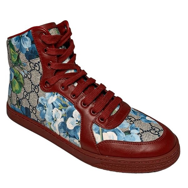 Gucci Coda Bloom High Top Sneaker Red EU 38.5 US 8.5 Blue Floral GG Supreme Logo