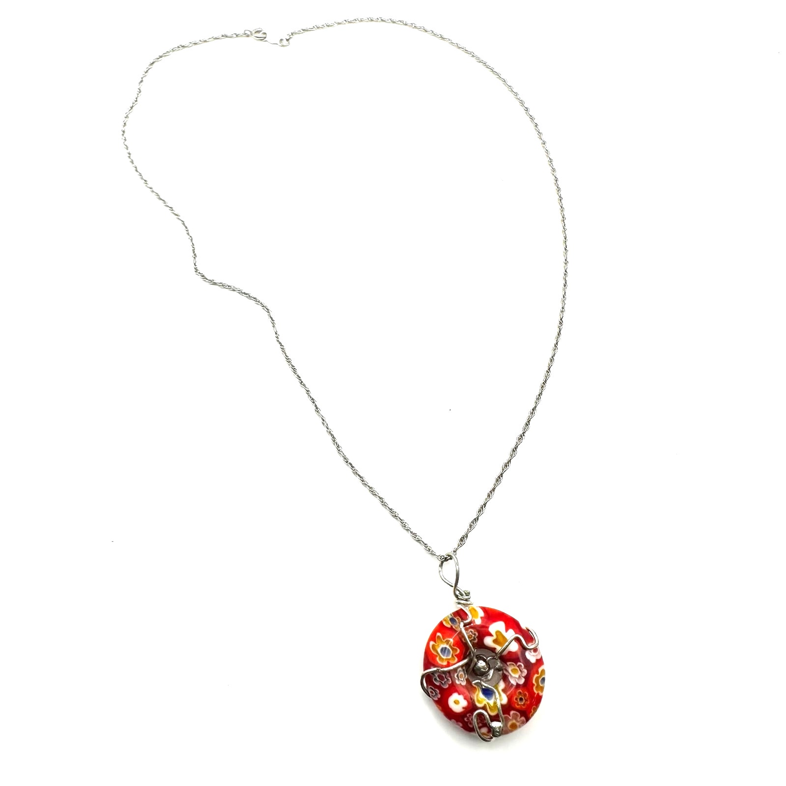 Millefiori Donut Glass Necklace Red Flower Wire Wrapped Pendant Boho Silver tone