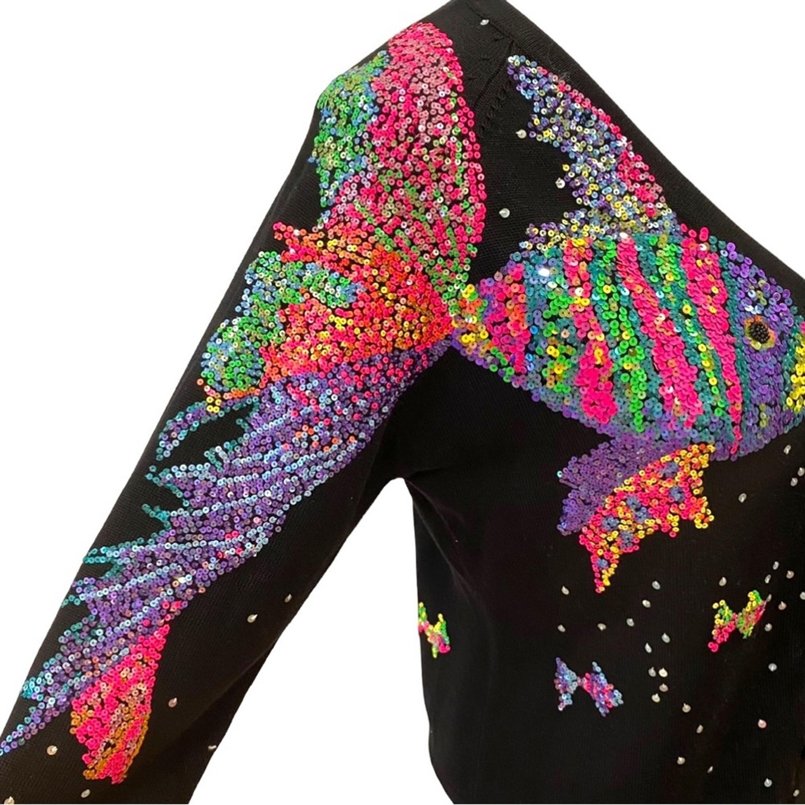 Vintage Small Black Sweater Cardigan Michael Simon RARE Sequin Fish Beaded Silk