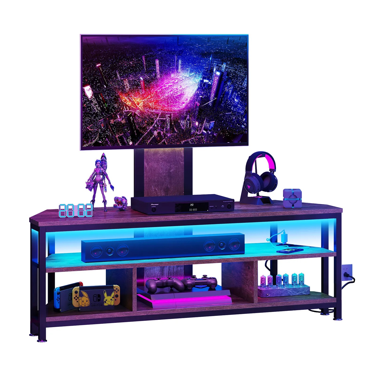 Corner TV Stand with Mount & Power Outlets & LED Lights For 32 to 70 inch TVs