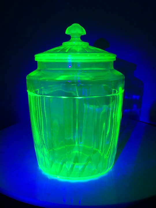 Vintage Green Uranium Glass Cookie Jar Canister w/ Lid Paneled