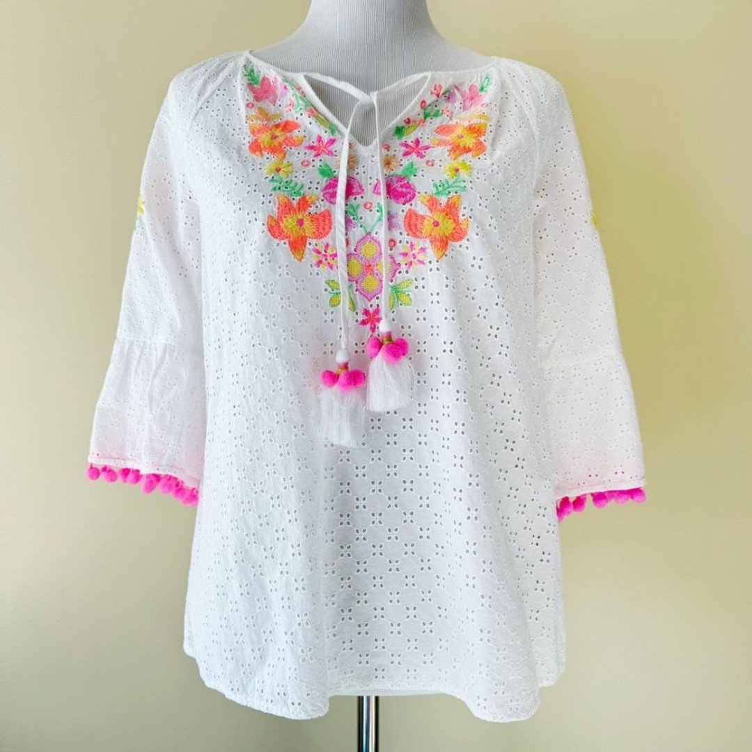 Lilly Pulitzer Morgain Embroidered Top Blouse Shirt Womens Size XS White Pink
