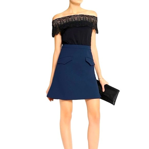 SELF PORTRAIT Eyelet Off The Shoulder Bardot Lace Mini Dress
