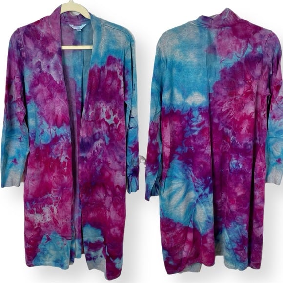 Hand tie dyed duster cardigan topper sweater jacket galaxy purple turquoise XL