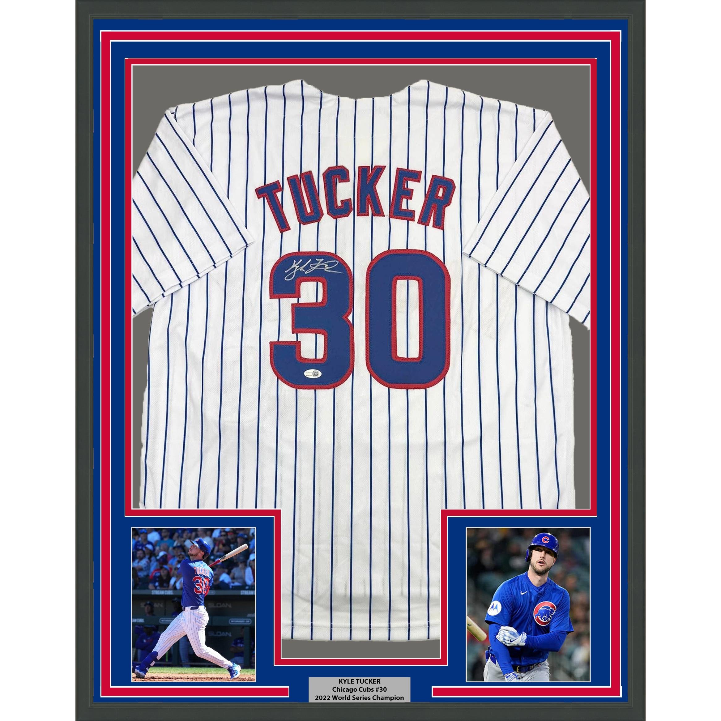 Framed Autographed/Signed Kyle Tucker 35x39 Chicago Pinstripe Jersey JSA COA
