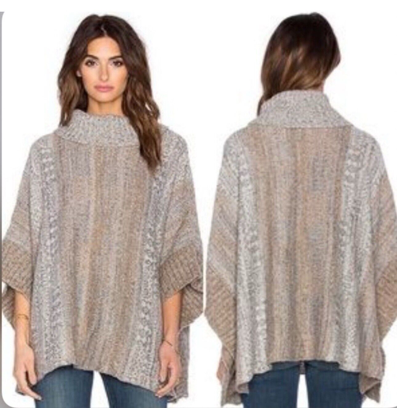 Splendid Snowfall Turtleneck Poncho in Warm Sand Multi Large Y2K