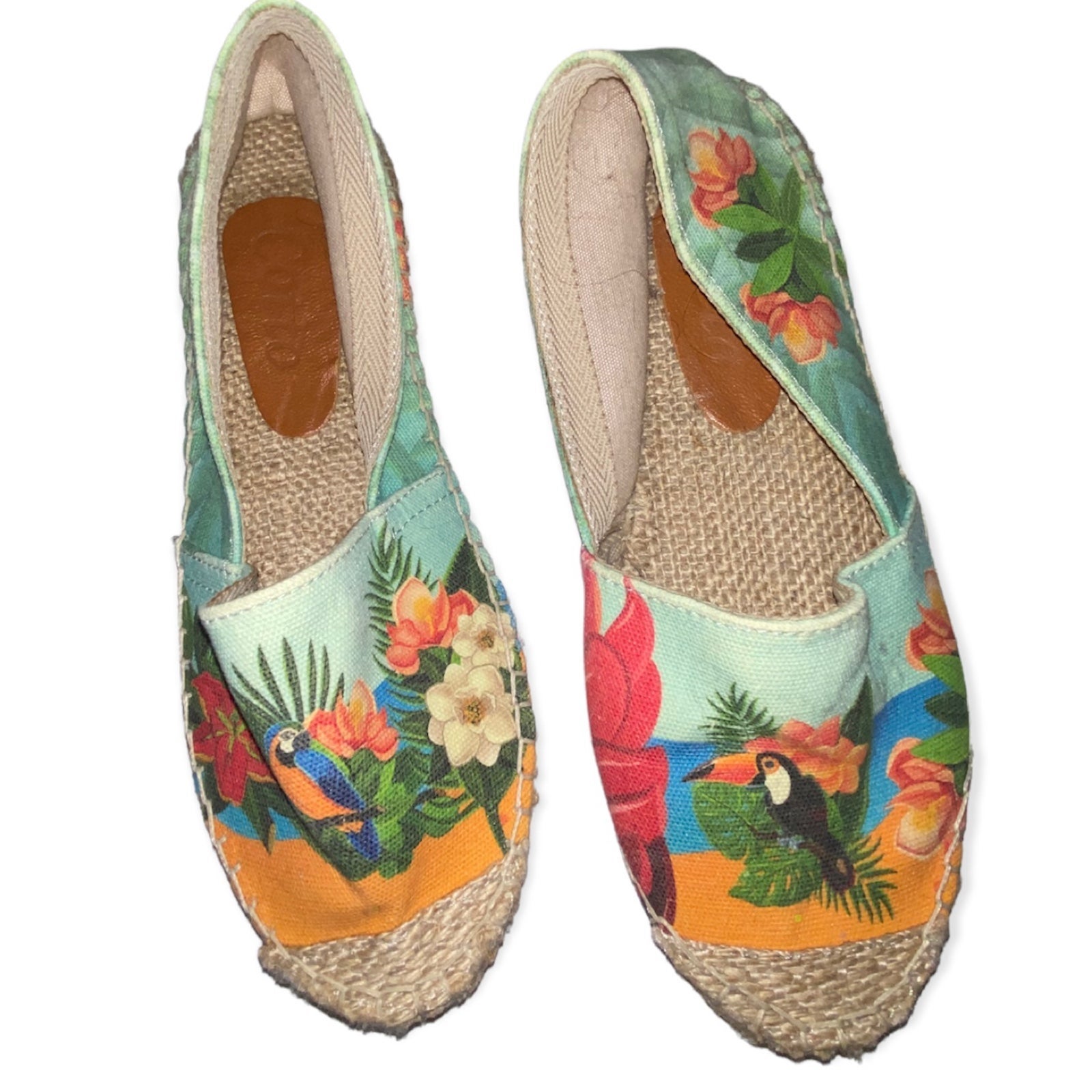 Cotto parrot print tropical espadrilles slip on beach shoes flats 39 8.5