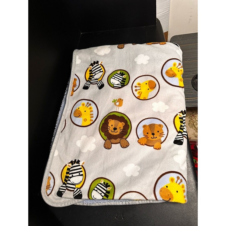 Lambs & Ivy Gray/Baby Blue Lion Giraffe Zebra Zoo Animals Baby Security Blanket