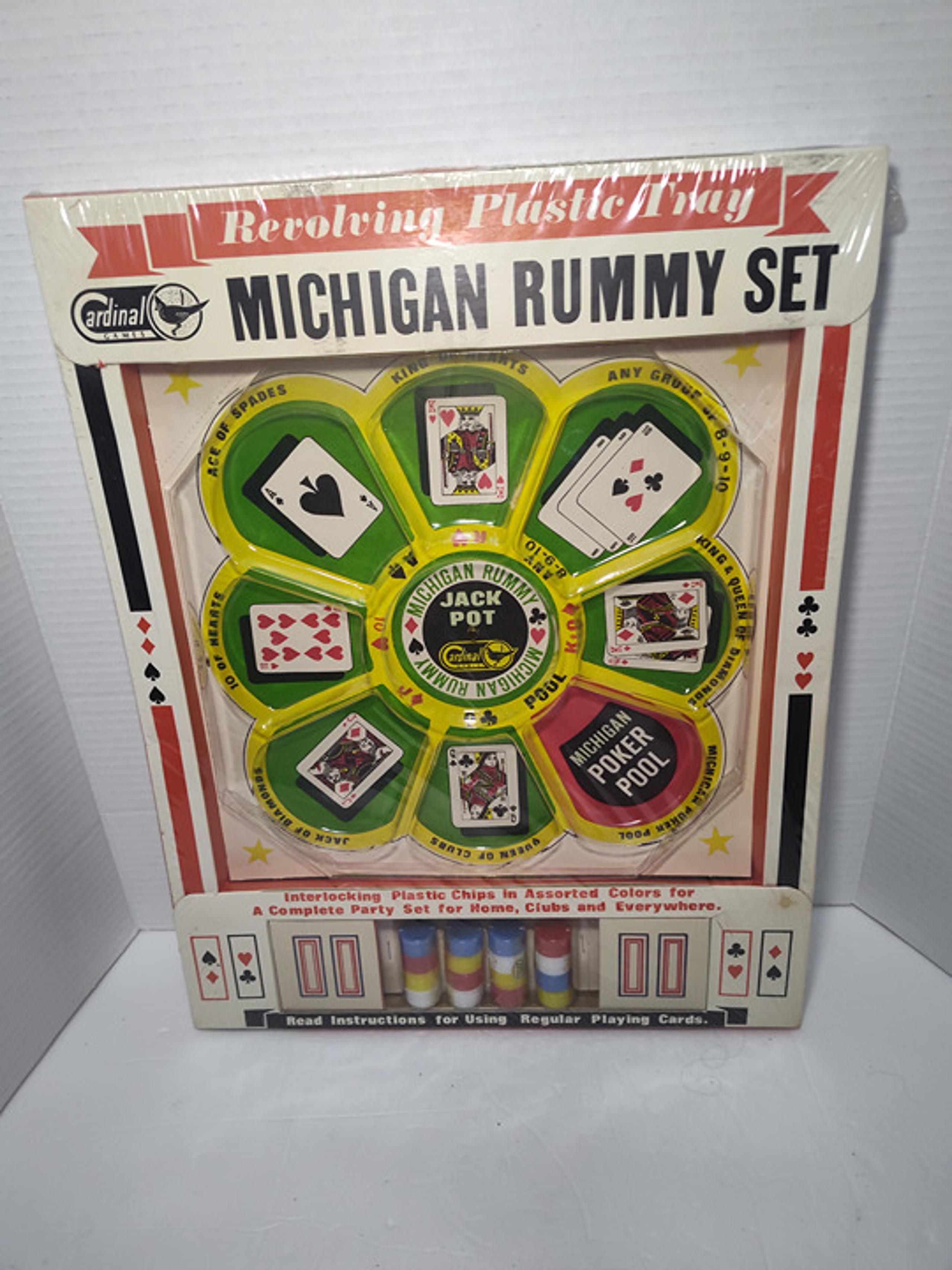 Vintage 1960’s Revolving Michigan Rummy Plastic Game Tray Set by Cardinal Games