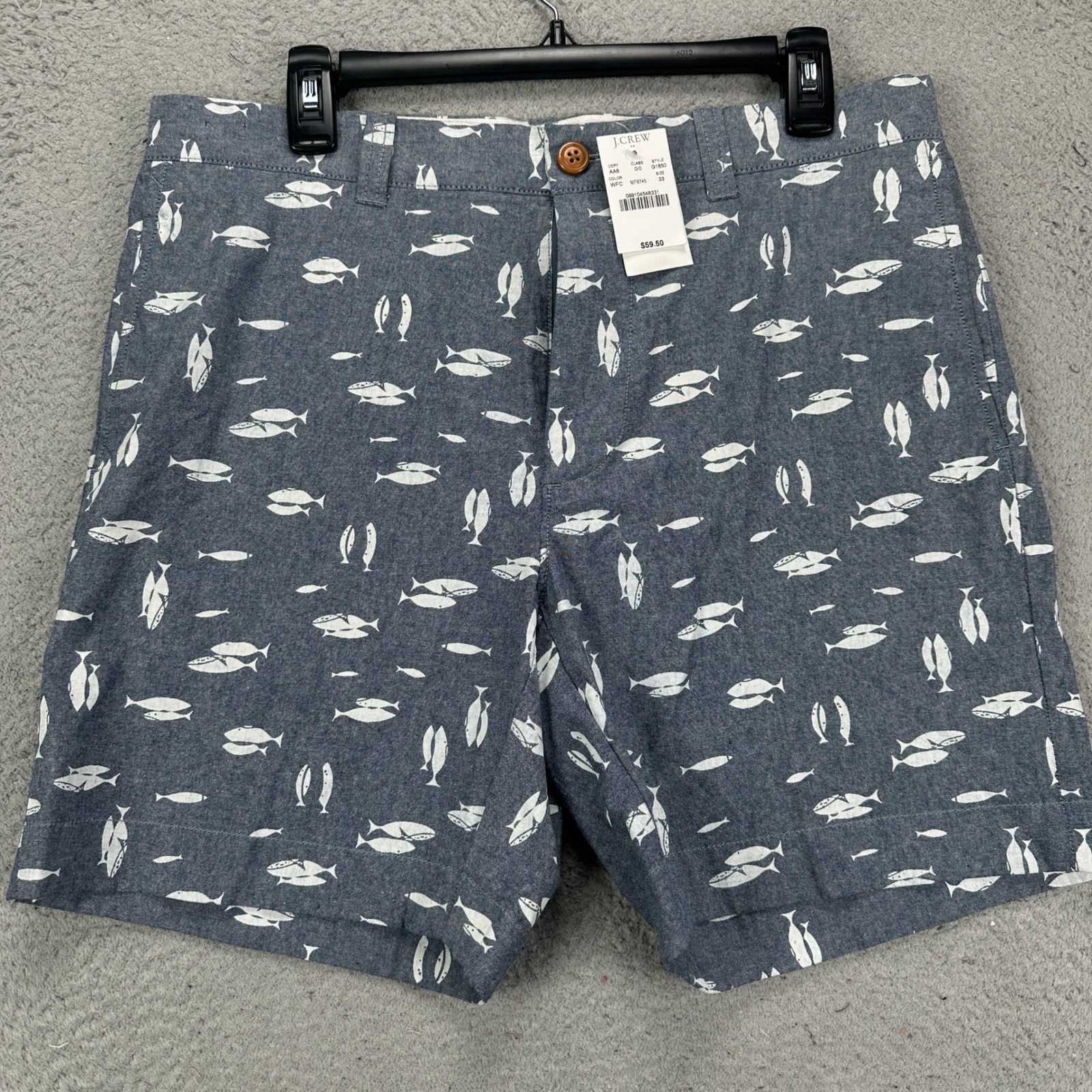J Crew Reade Mens Khakis Shorts 33 Navy White Fish Print Flat Front Pockets NEW