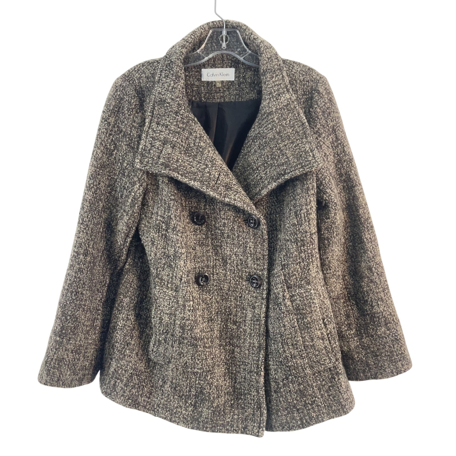 Calvin Klein Beige Tweed Wool Double Breasted Pea Coat Women’s Size 8 Preowned