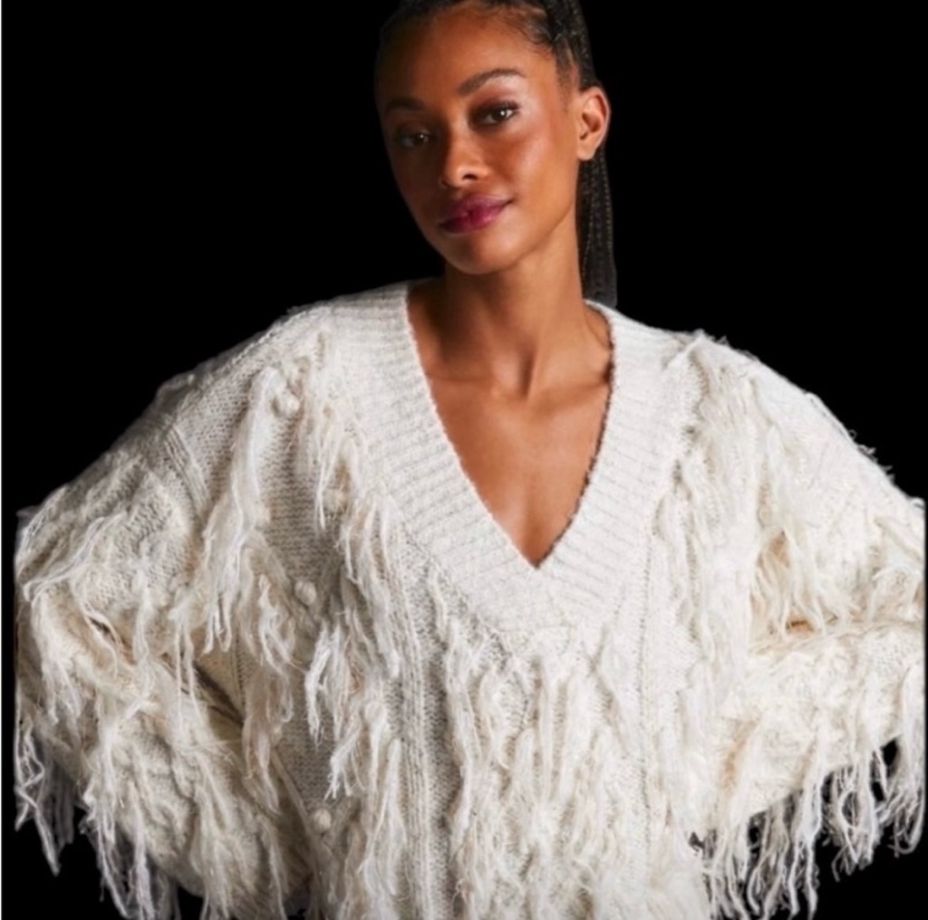 Anthropologie Fringed Pullover V-Neck Ivory Silver Threads Sweater Size Medium