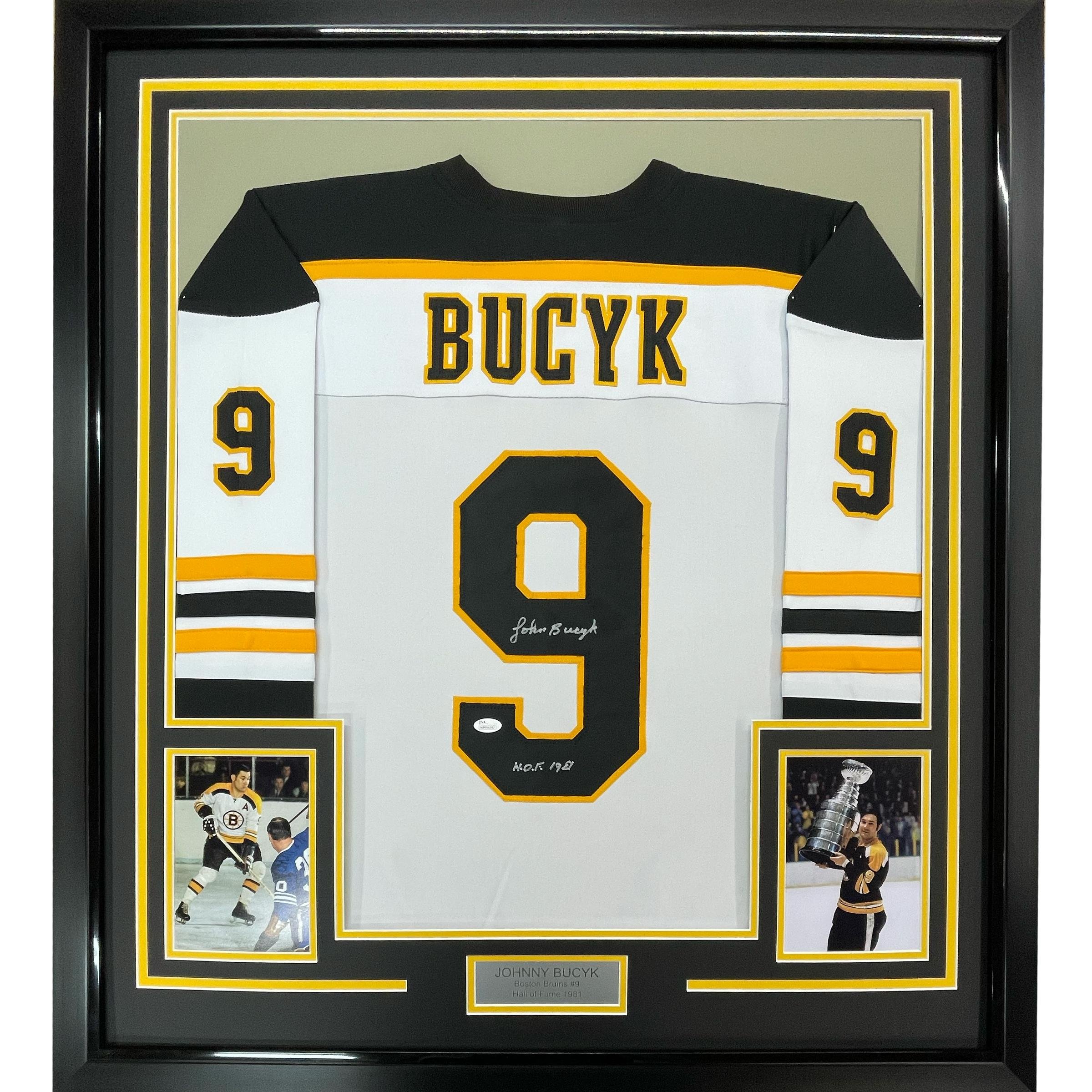 Framed Autographed/Signed Johnny John Bucyk HOF 1981 35x39 Boston White Jersey