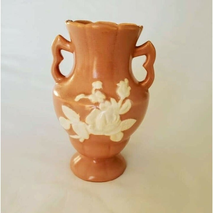first-class service Weller Handled Peach Vase with White Raised Rose Cameo Vintage Vintage & collectibles first-class service Weller Handled Peach Vase with White Raised Rose Cameo Vintage Vintage & collectibles