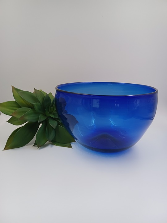 Vintage Hand Blown Cobalt Blue Glass Bowl - 6 T x 9.5 L x 4.5 W @ Base