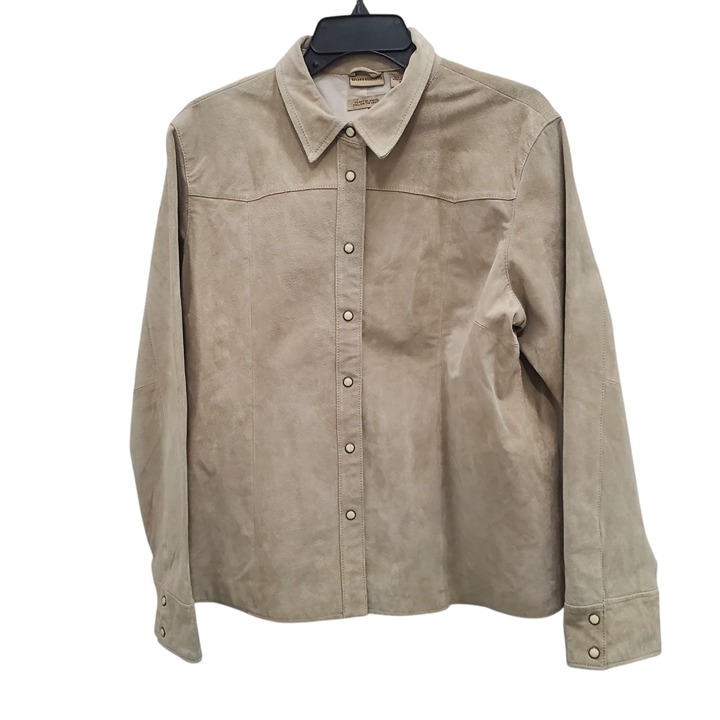 Ruff Hewn Women's Tan Beige Genuine Leather Suede Pearl Snap Button Jacket XL