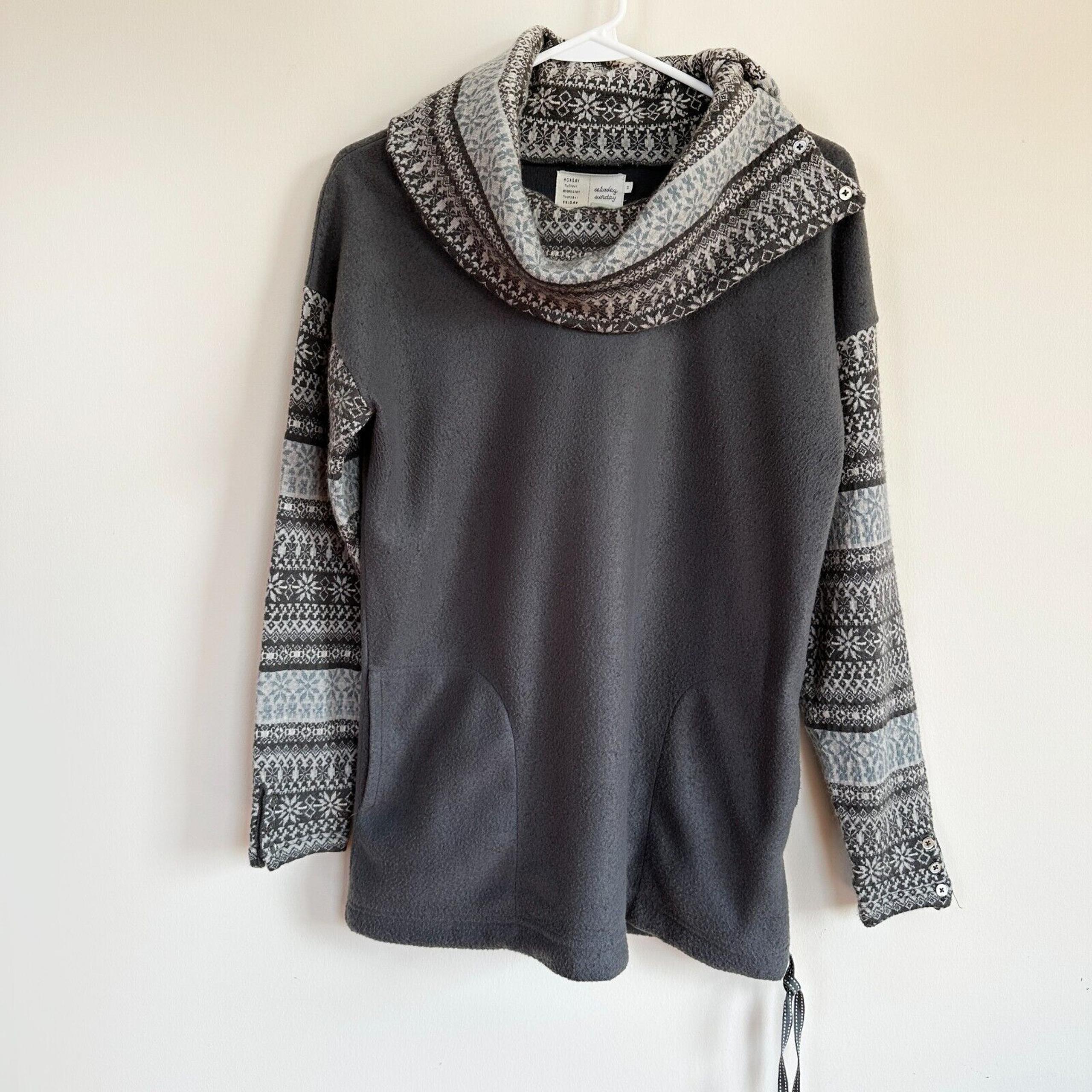 Anthropologie Saturday Sunday Sweater Wool Cotton Blend Fair Isle Fleece Pockets