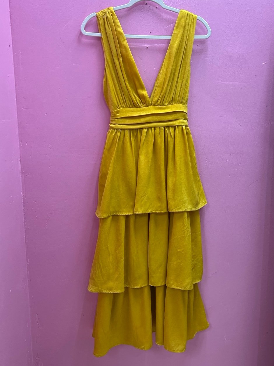 Peak Party Vibe Mustard Yellow Satin Tiered Tie-Back Midi Dress