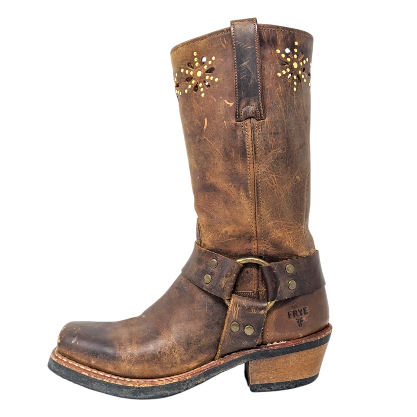 FRYE Vintage Harness 12 Studded Floral Leather Square Toe Brown Boots 6