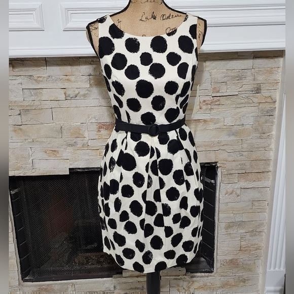 Eliza J. Black and white polka dot pleated Academia 50s 60s vibes sheath Dress 2