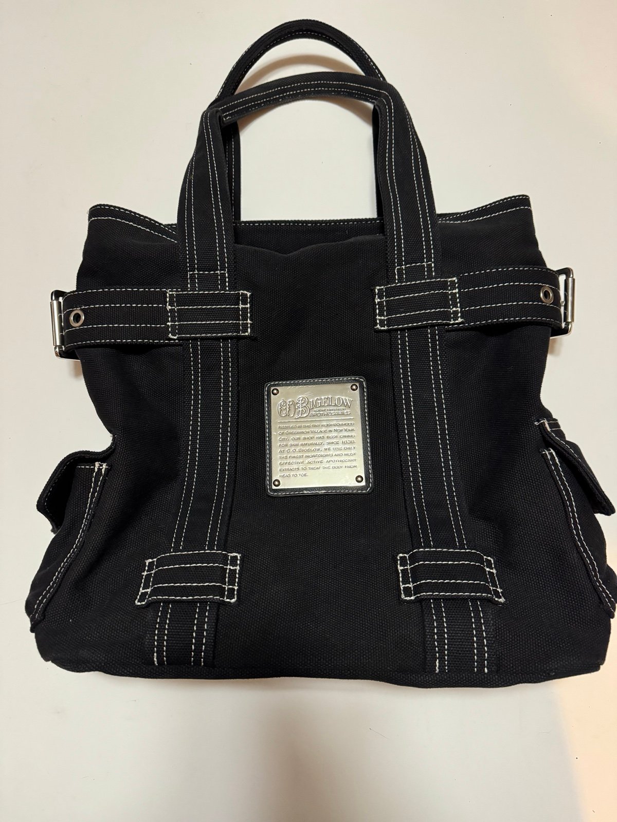 Vintage C.O. Bigelow Black Canvas Tote Contrast Stitching Apothecaries New York.