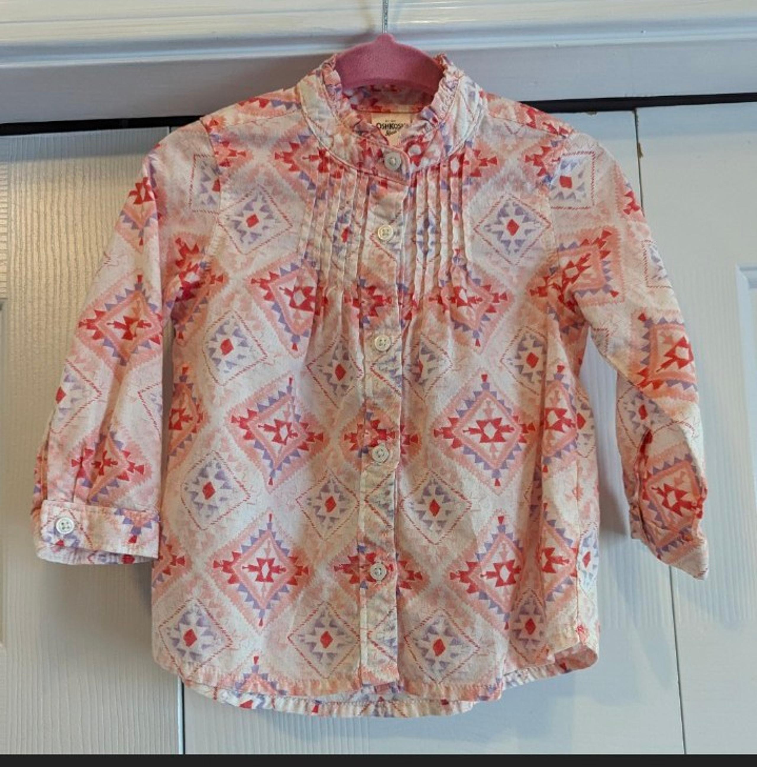 OSHKOSH B'GOSH Button Down Shirt Pink Purple Orange Aztec Pattern 12 M