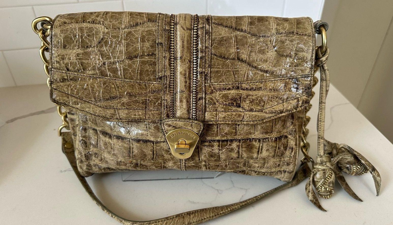 Brahmin vintage chunky chain olive crocodile medium bag with roses . Rare