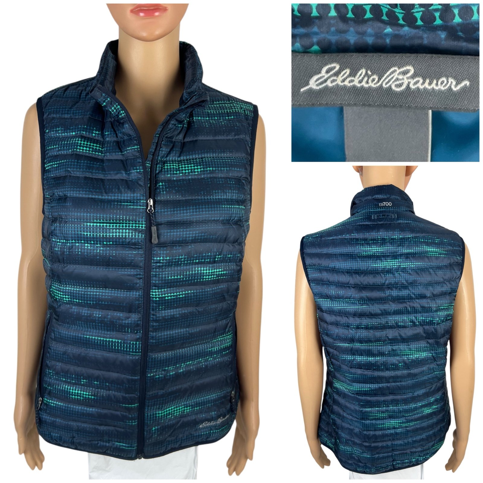 Eddie Bauer Womens Medium Vest Full Zip Green Blue Eb 700 Down Outdoor EUC
