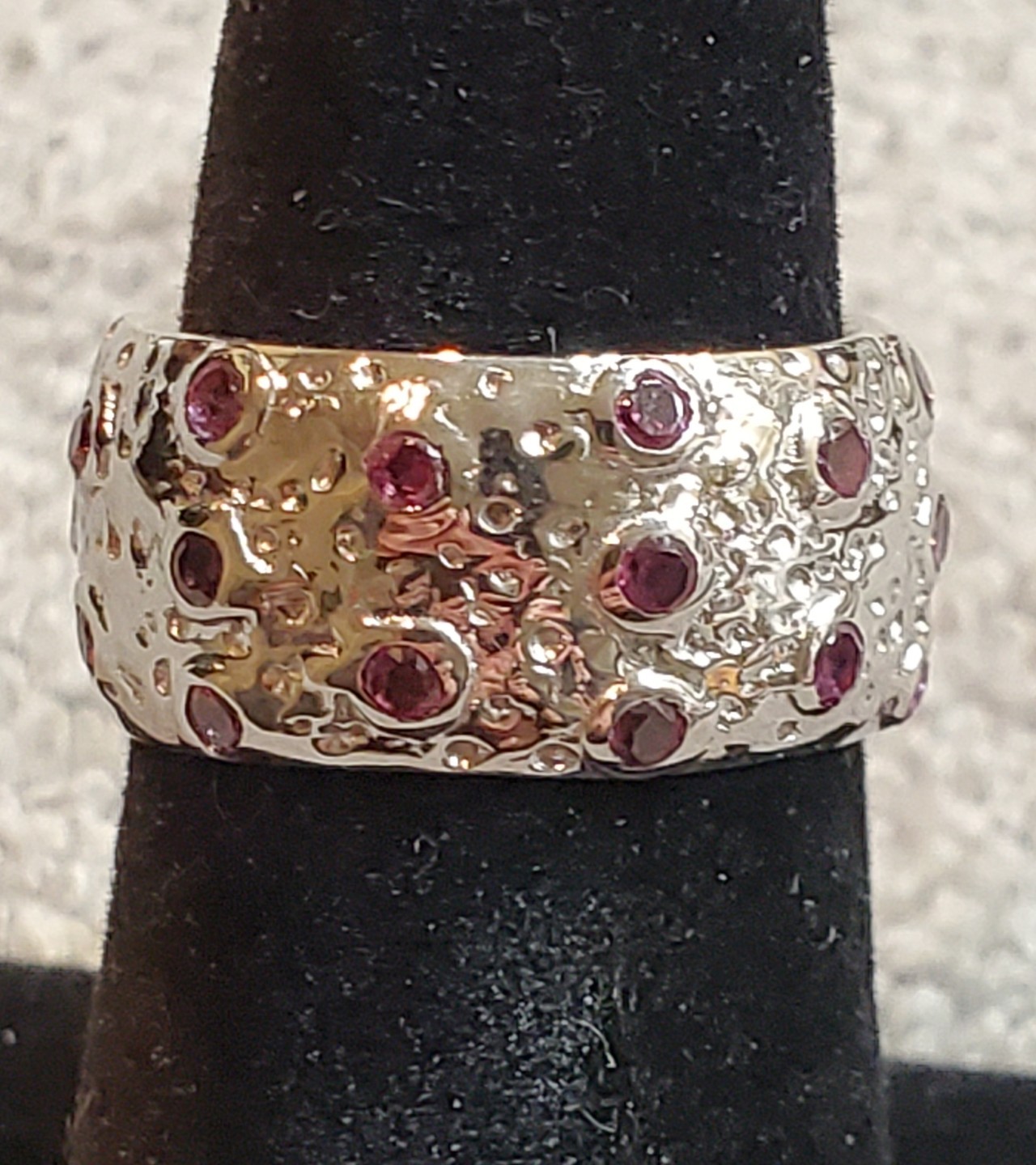 14K White Gold Sterling Silver 2mm Pink Rhodolite Garnet Band Ring 6.5