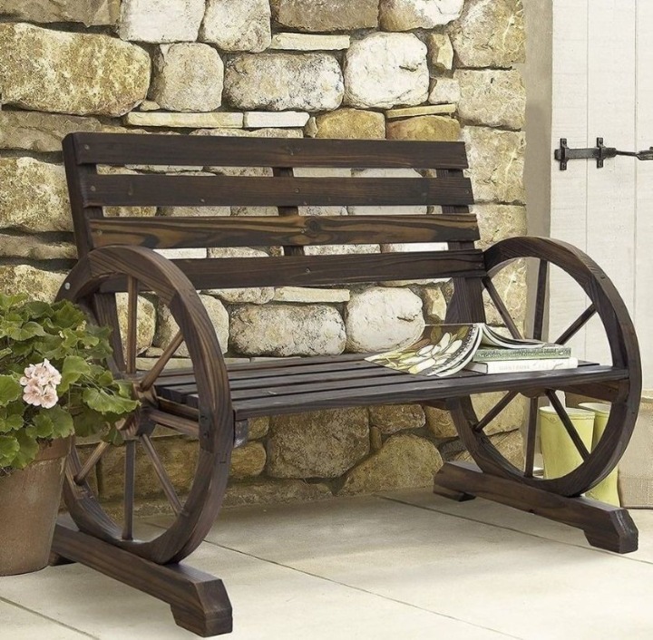 Outdoor Bench Patio Seating Front Porch Decor Furniture Wood Wagon Wheel NEW