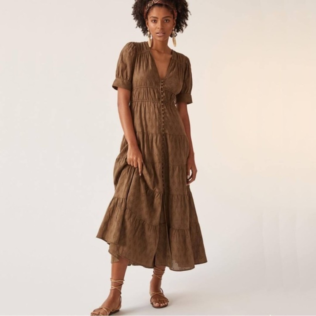By Anthropologie BOHO Tiered&True Short Sleeve V Neck Women's Maxi Dress(SizeS)