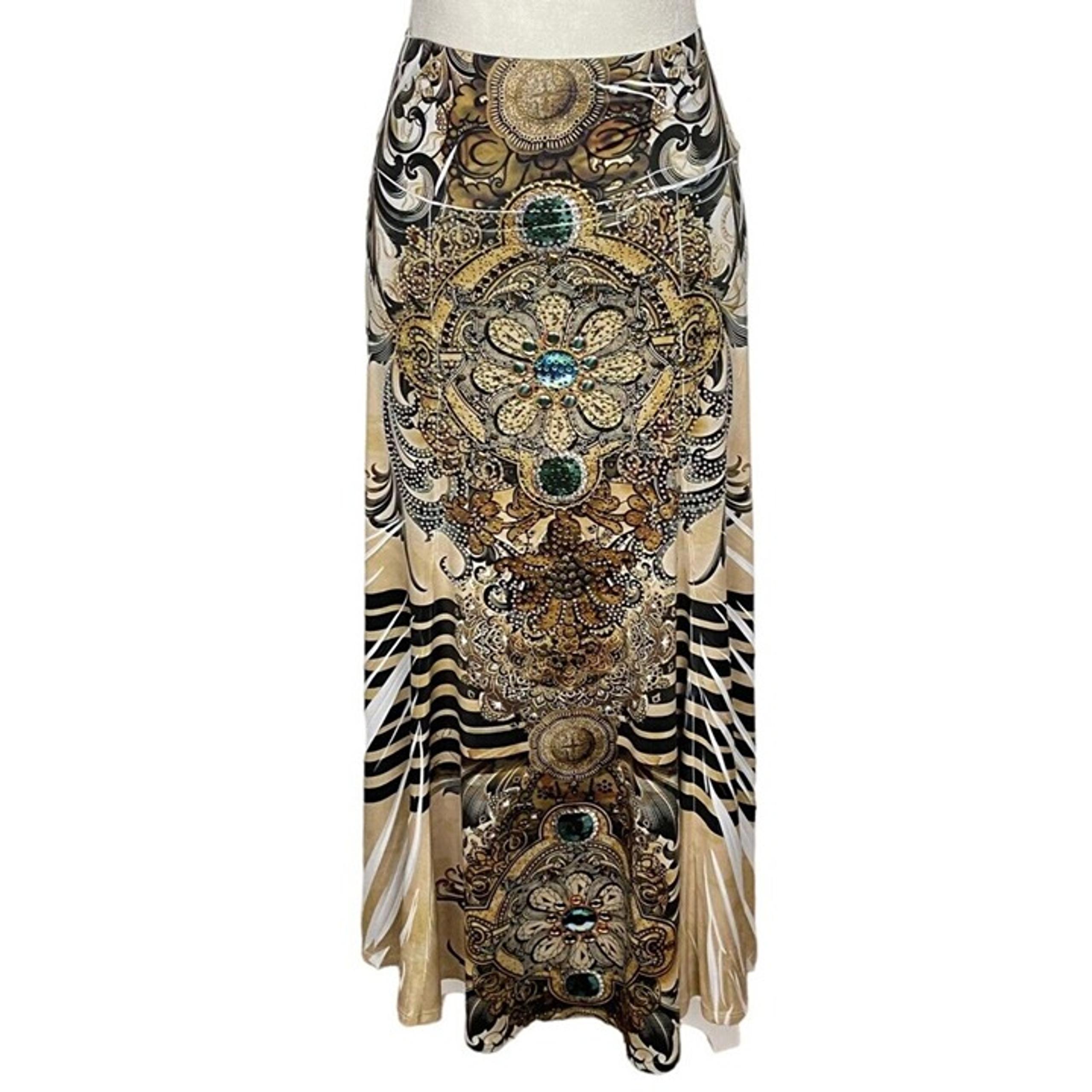 BOHO CHIC Maxi Skirt Rhinestones Stretchy Tan S H-39
