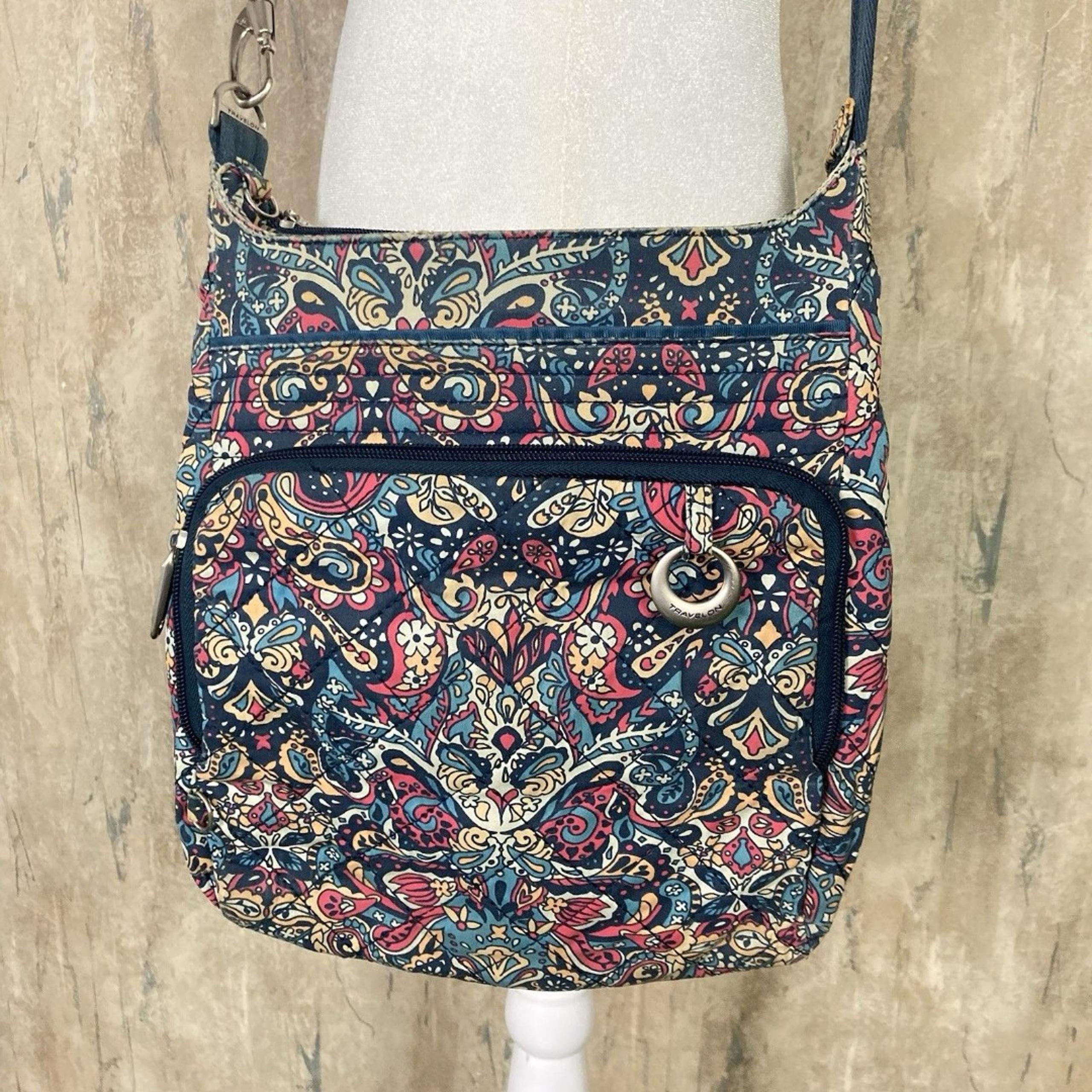 Travelon Women's Zip Crossbody Bag Multi Pocket Organizer Paisley Blue GUC
