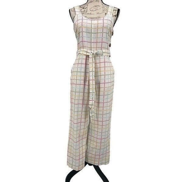 ModCloth Buttoned Up At The Bookshop Overalls Plaid Linen Blend Jumpsuit Size 6