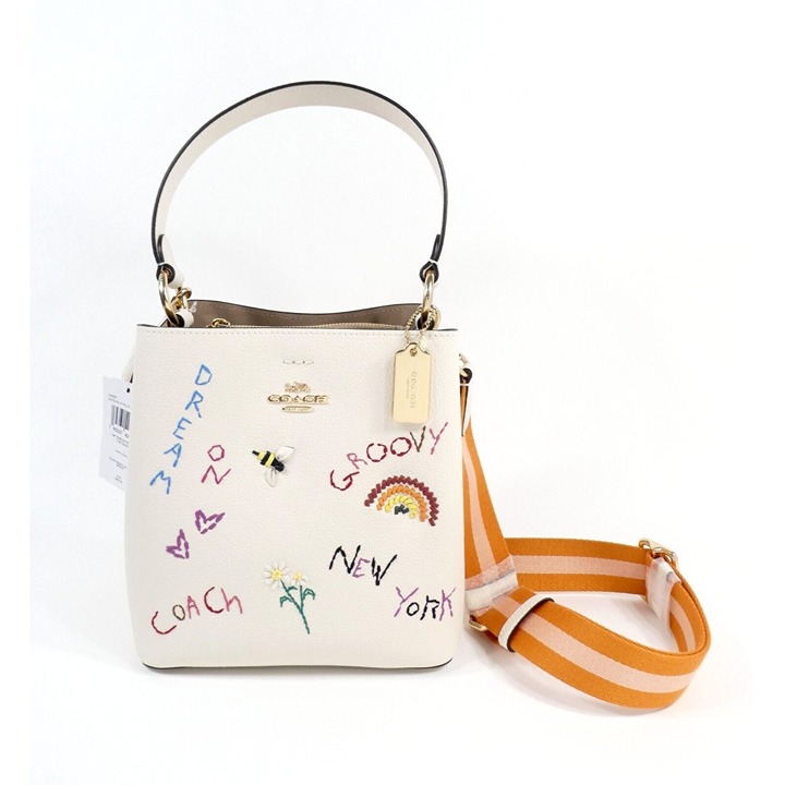 Coach Chalk Multi Diary Embroidery Small Town Leather Bucket Bag NWT C8282