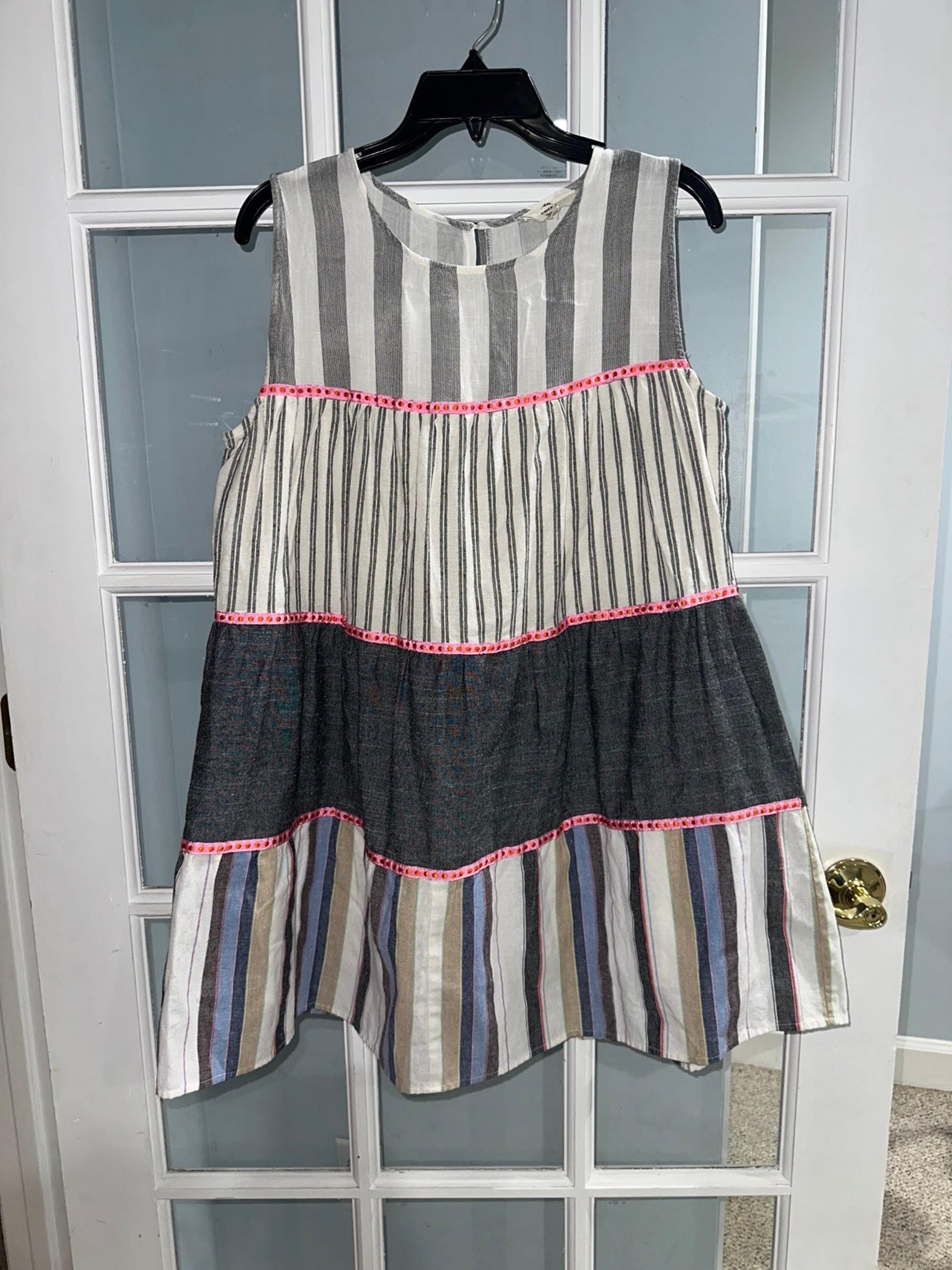 Entro Womens Ruffle Short Sleeve Babydoll Tiered Dress Sz M Pink White Gray MIDI