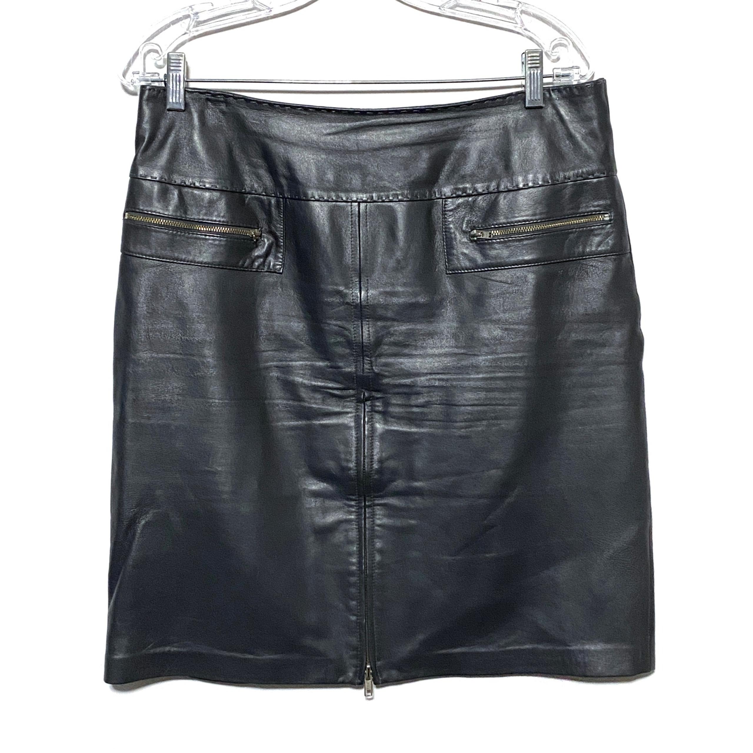 Cache Black Leather Skirt A Line Full Zipper Front With Zip Pockets Womens 10