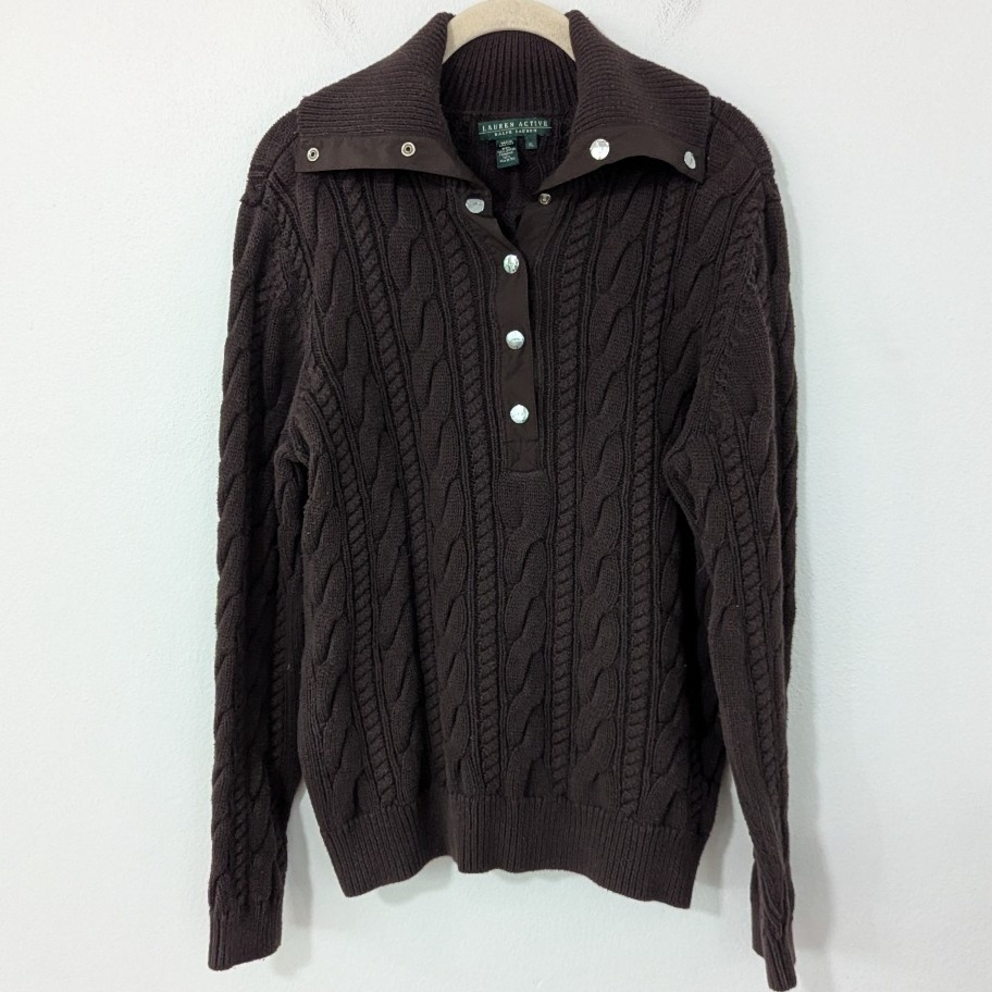 Lauren Ralph Lauren Active Cable Knit Foldover Neck Sweater Pullover Brown XL