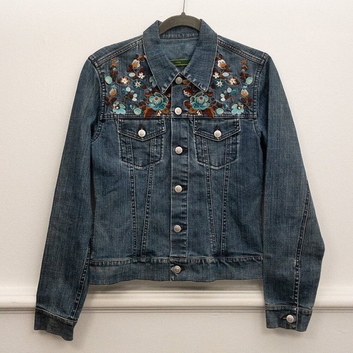 Oilily Embroidered Denim Jean Jacket Size 38 Medium Floral Boho Western Style