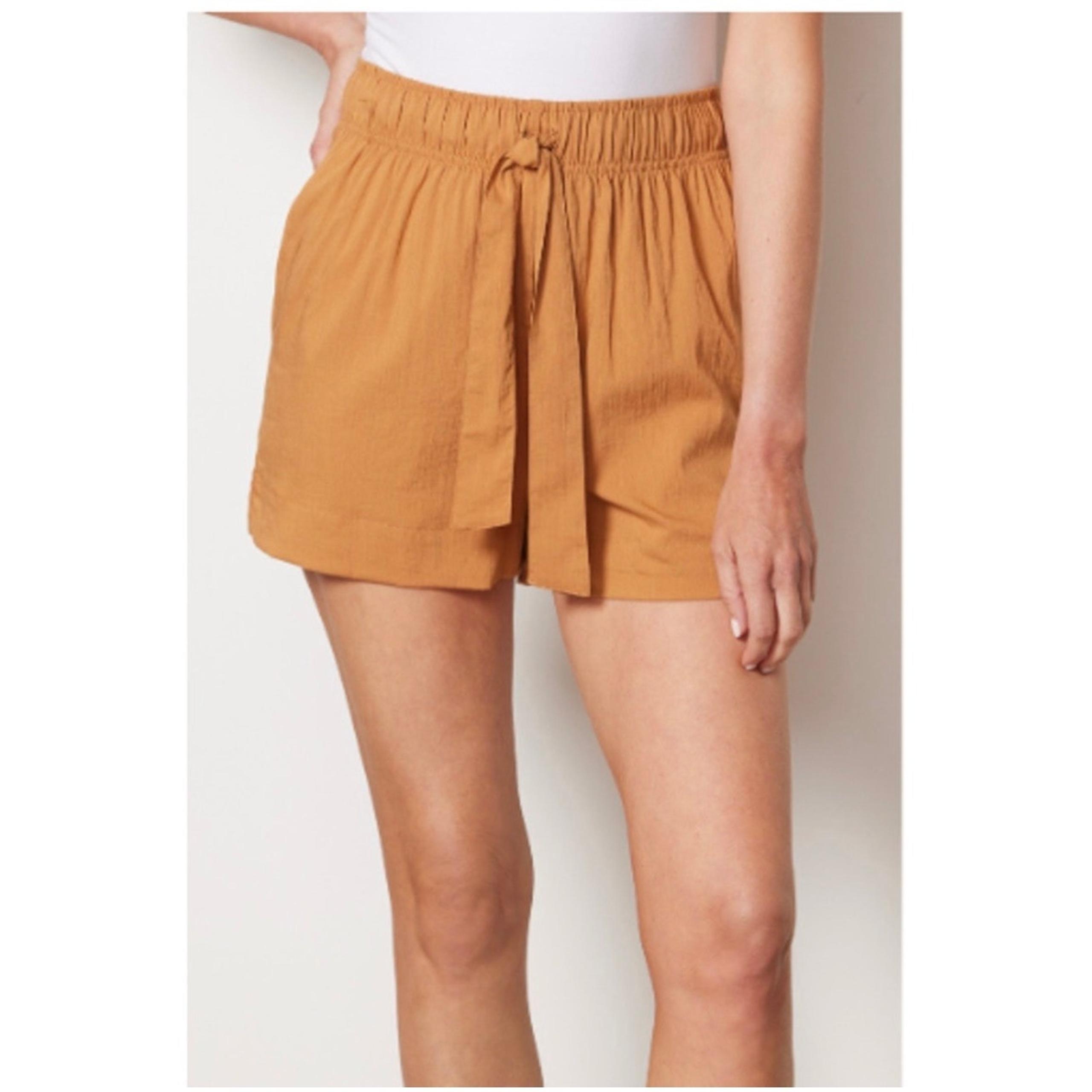 Evereve Women's Shane Tie Waist Flat Front Pull-On Shorts Vacation Burnt Gold S