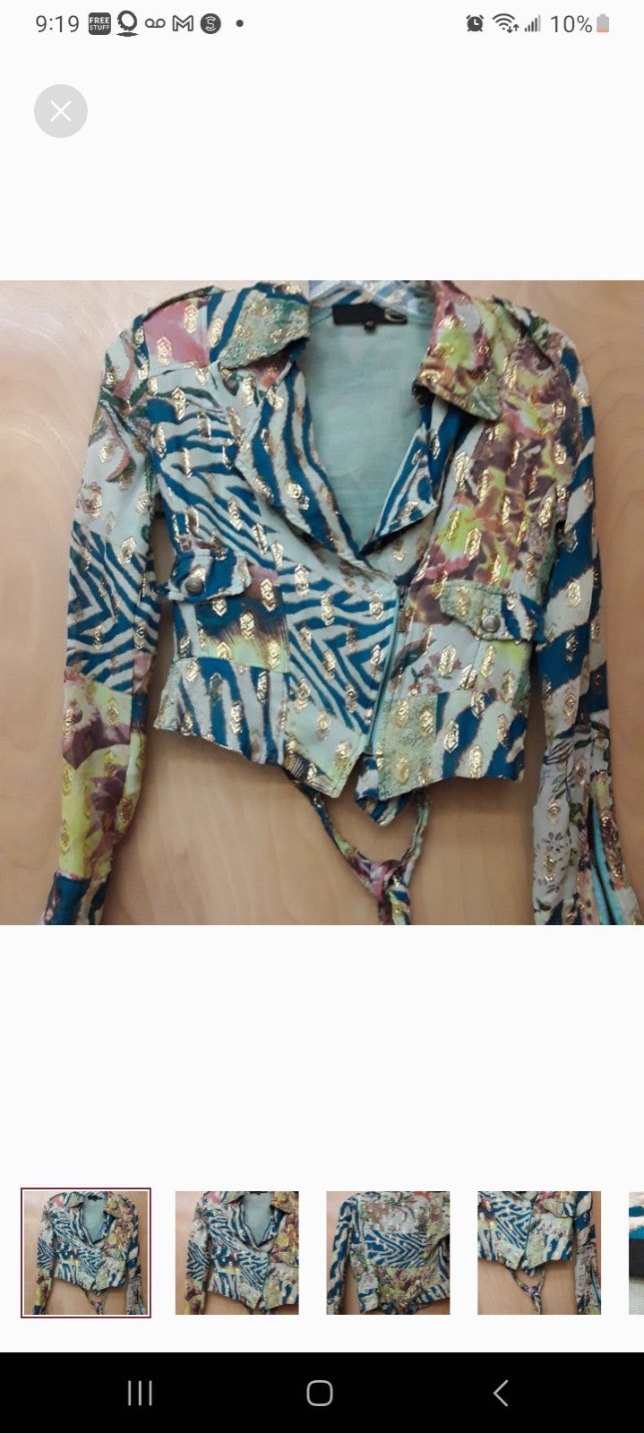 Roberto Cavalli Blue Gold Shimmer Fringe Zipper Blazer Jacket 42