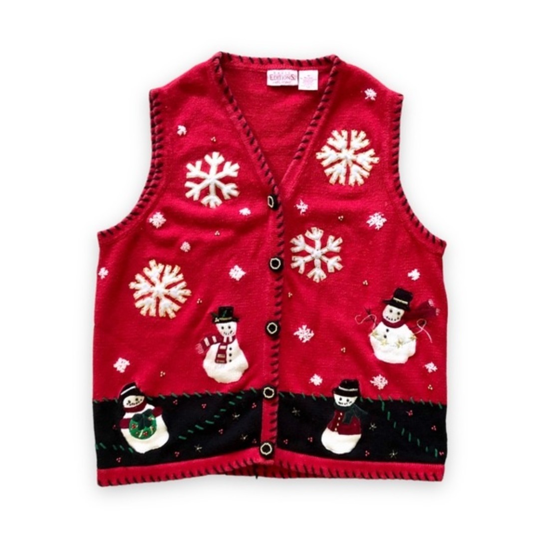 Vintage Basic Editions Holiday Christmas Red Sweater Vest Snowman Snowflake 1X